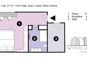 Pronájem bytu 1+kk, Brno, V rejích, 21 m2
