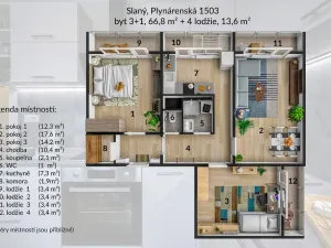 Pronájem bytu 3+1, Slaný, Plynárenská, 66 m2
