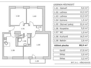 Prodej bytu 3+1, Všechovice, 81 m2