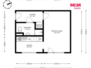 Prodej bytu 1+1, Milovice - Mladá, Braniborská, 27 m2