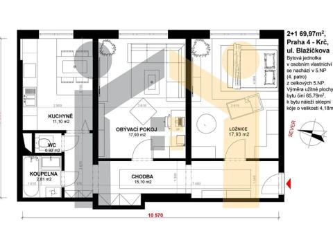 Pronájem bytu 2+1, Praha - Krč, Blažíčkova, 66 m2